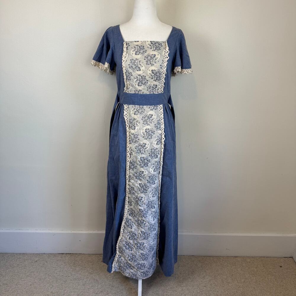 Vtg 70s Mr B of California S Prairie Maxi Dress Chambray Denim Quilted Floral